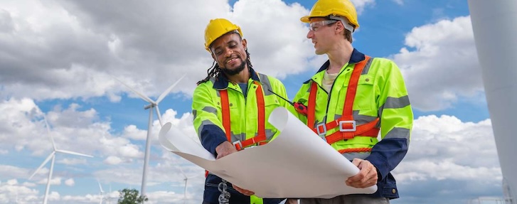 Two clean energy workers looking at a map
